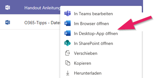 Dateien am besten in der Desktop-App öffnen