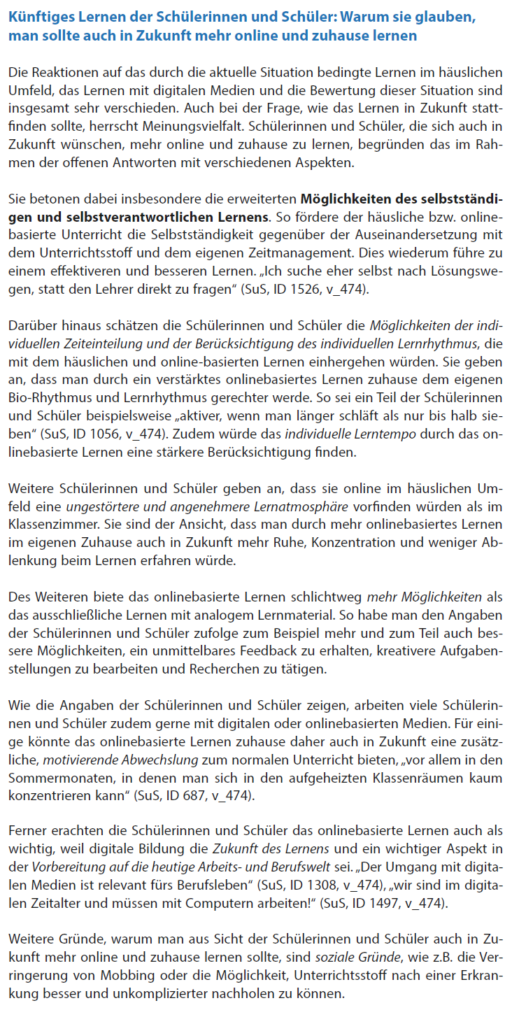 Warum Schüler glauben, man sollte auch in Zukunft mehr online und zuhause lernen (S. 79 aus dem Schul-Barometer zu Covid-19).